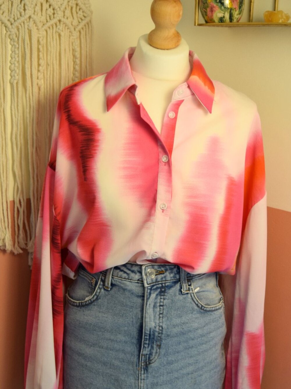 LOAVIES Pink Orange Abstract Print Oversized Button Down Blouse L